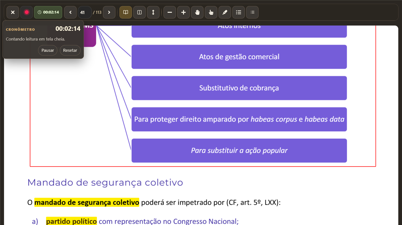 Leitor de PDF da Mesa com cronômetro ativo em tela cheia.