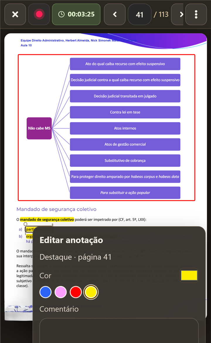Leitor da Mesa de Estudos em celular com edição de anotação aberta.
