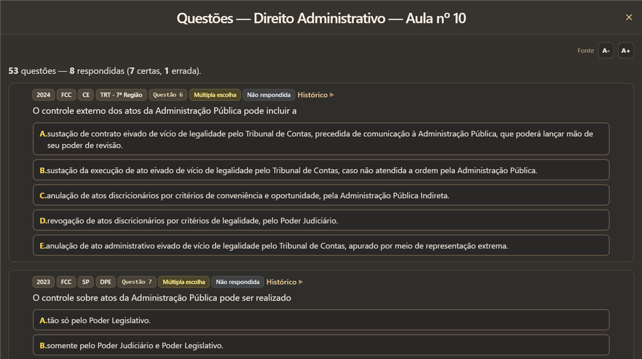 Tela de questões do material em modo escuro, com alternativas e histórico.